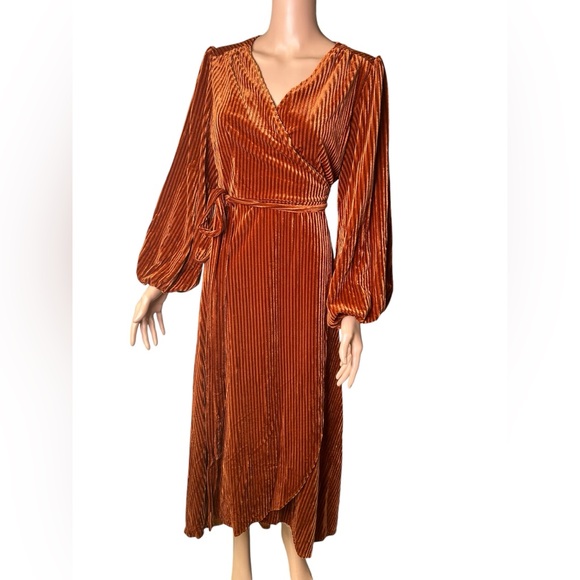 BERRYGO fall midi rust ribbed high long long sleeve V front wrap tie dress NWT - Picture 5 of 10